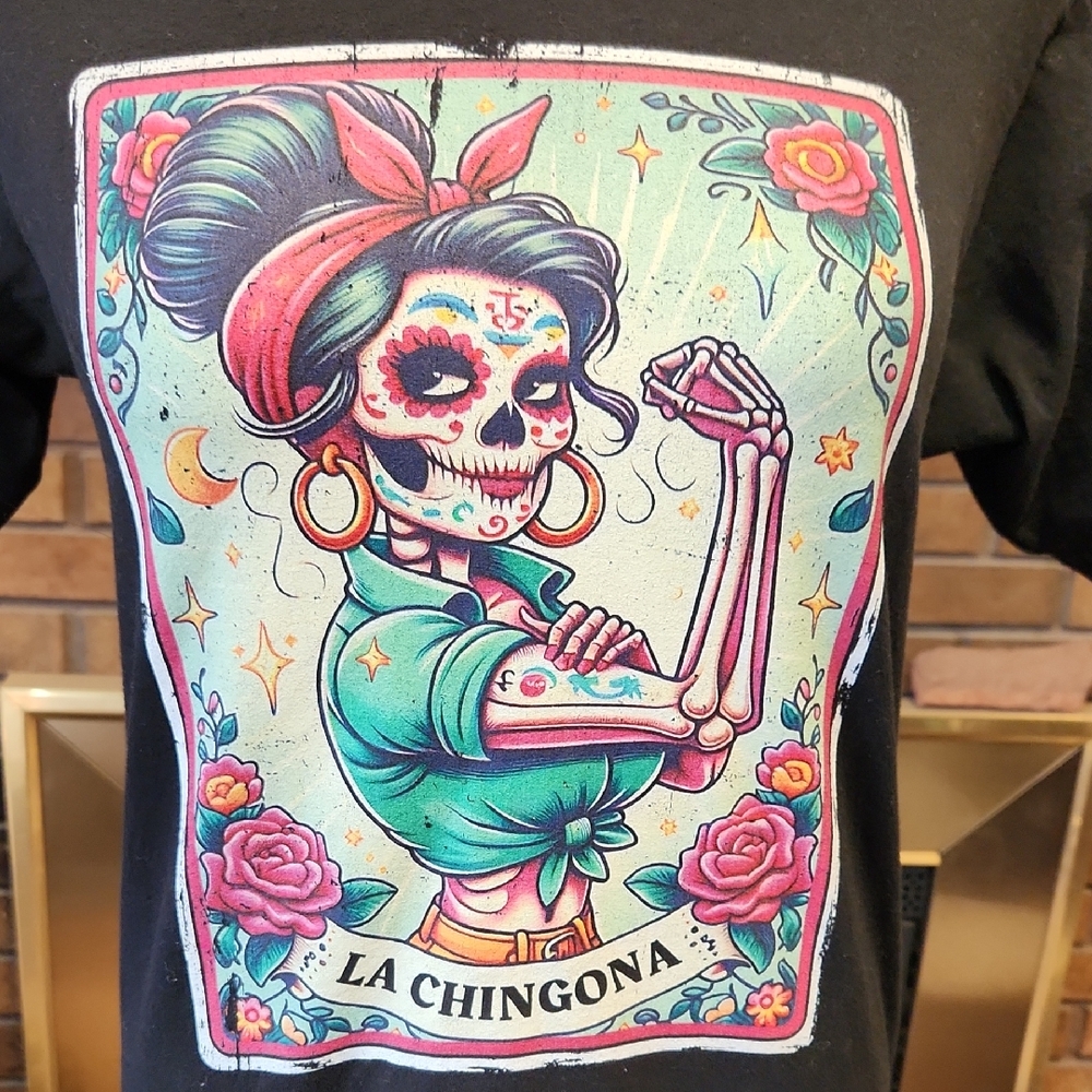 La Chingona Day of the Dead Rosy Skull Tee - Black Size Small Tarot Card Strong